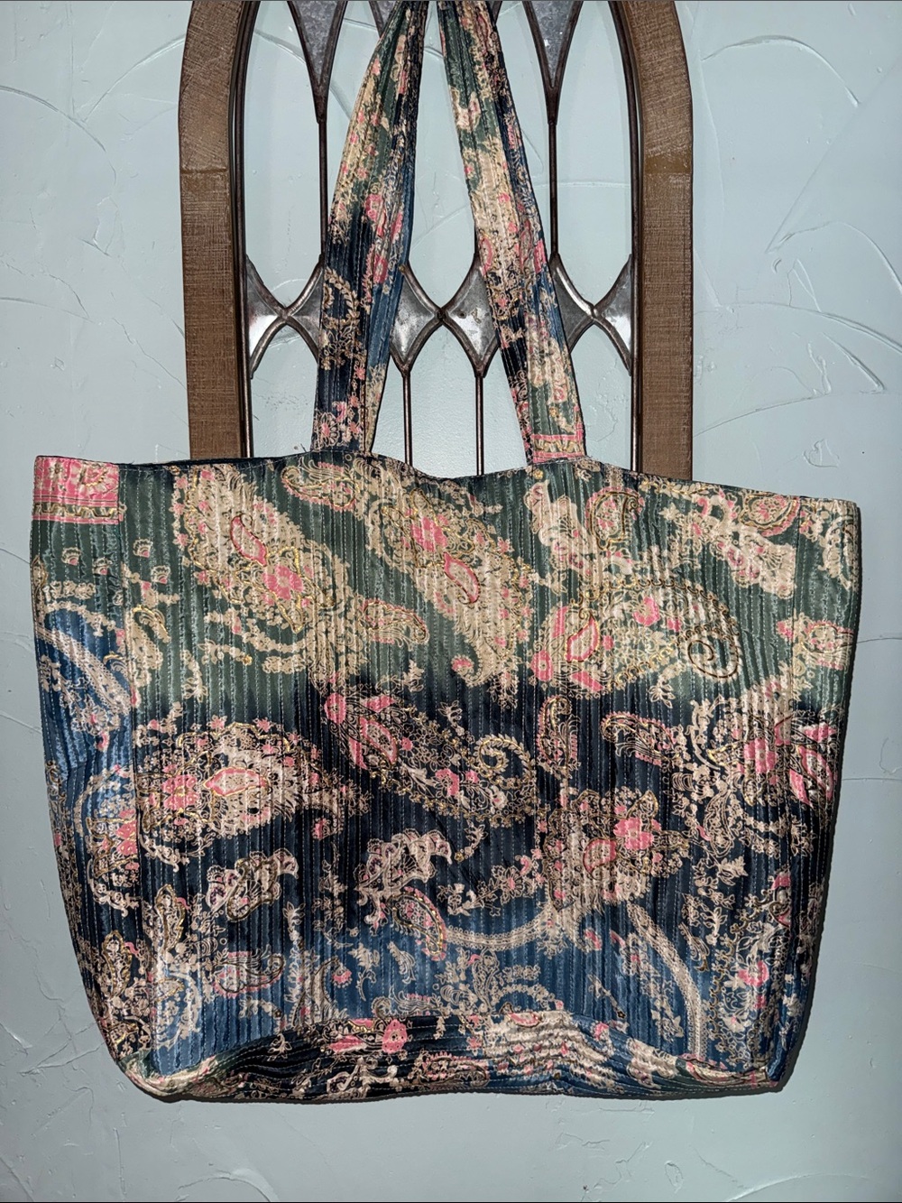 Quilted Paisley Tote in Navy and Pink
